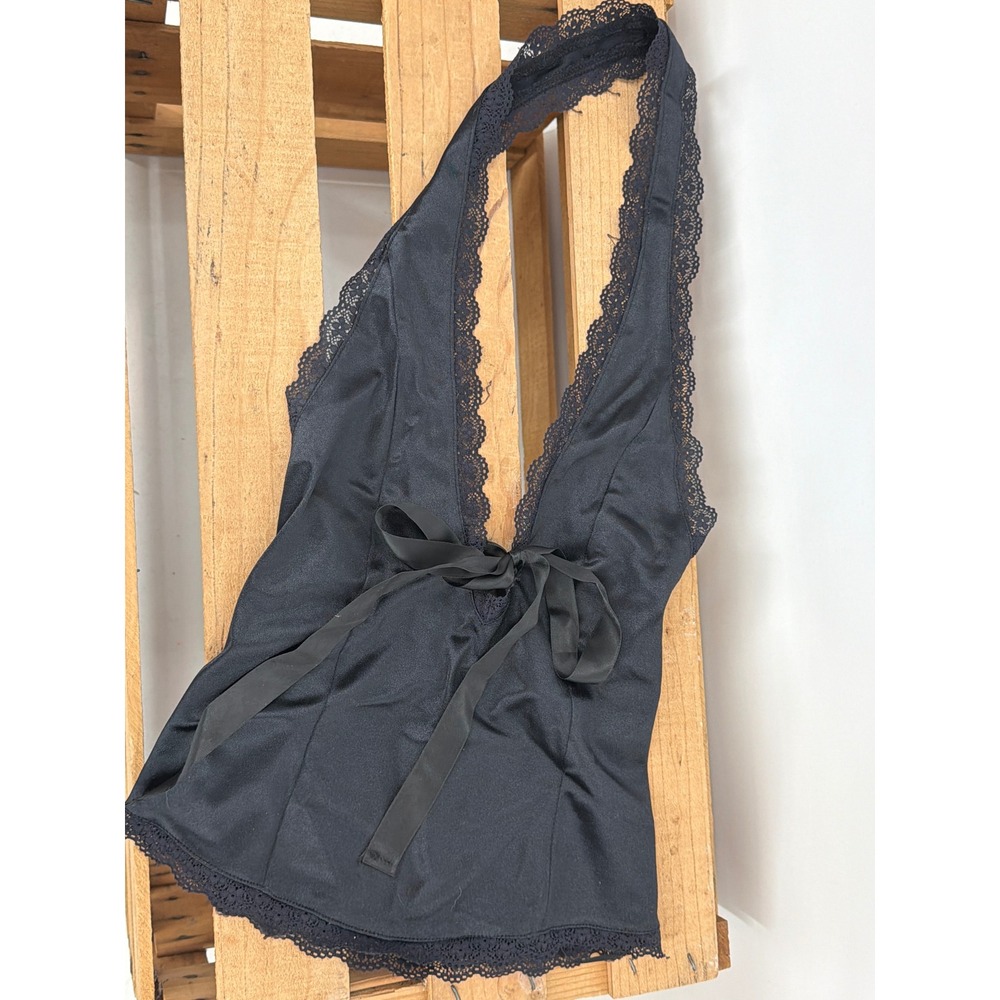 Kimchi Blue Black Satin Lace Trim Halter Top Deep V-Neck Ribbon Tie Small